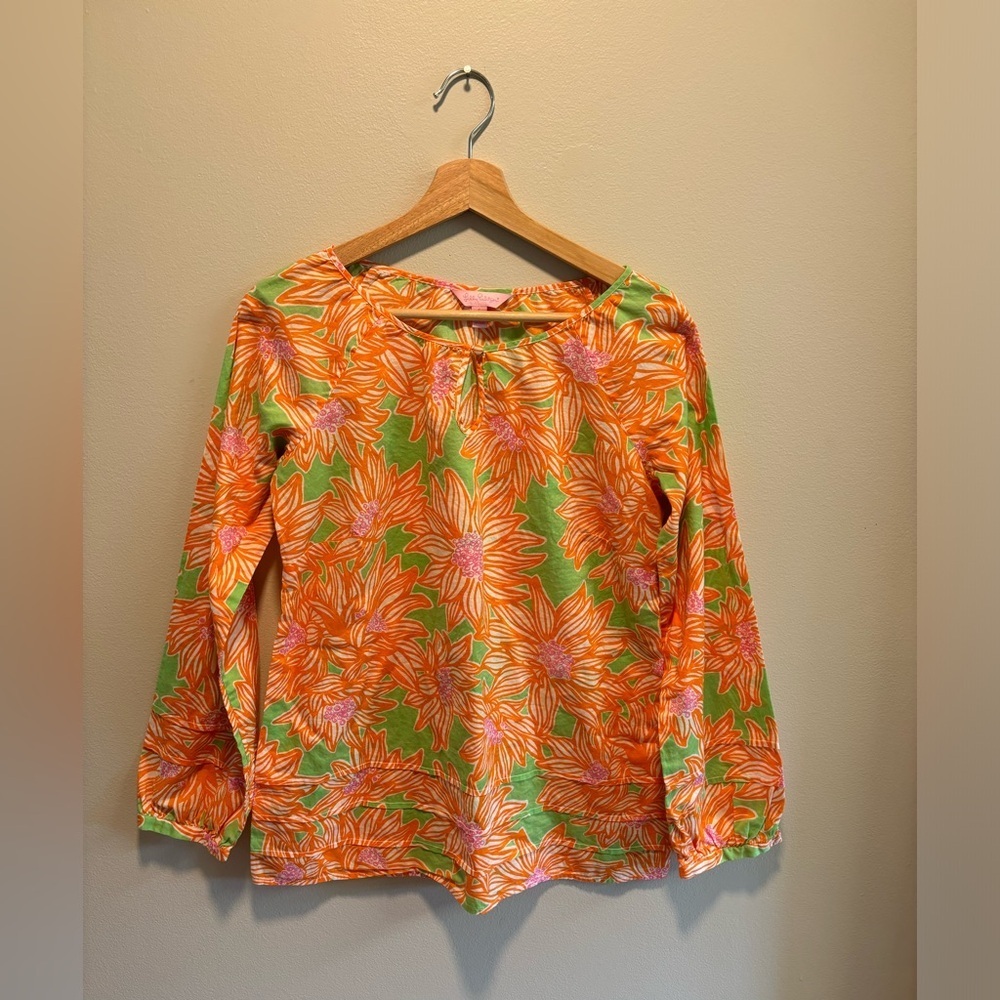 Lilly Pulitzer Green Orange Pink Floral Long Sleeve Blouse